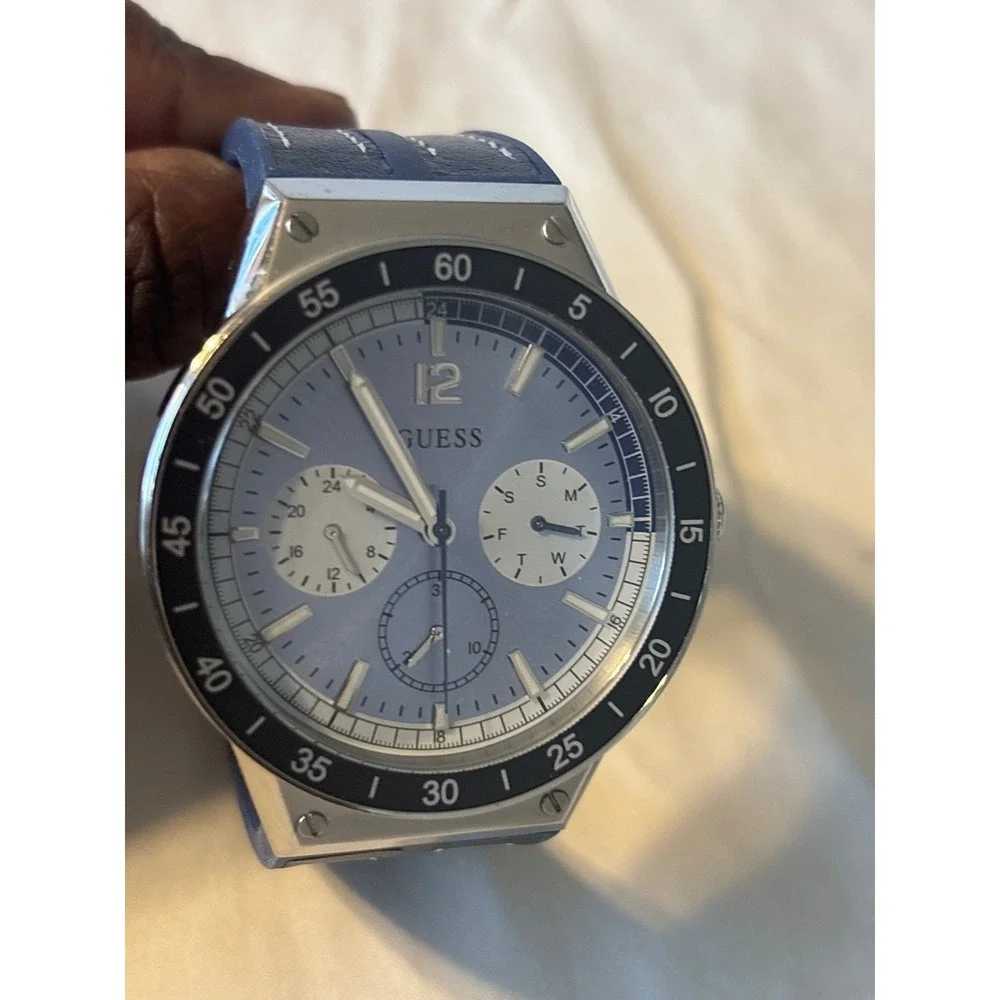 Guess Watch Mens OS Blue Excellent‎ Stainless Steel Multi-Function Sport Strap